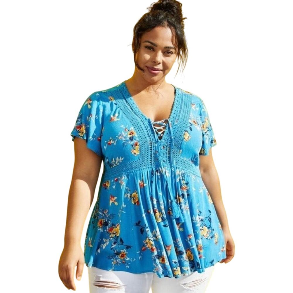 Torrid Babydoll‎ Crinkle Gauze Crochet Lace-Up Top Sz L Resort Wear Beach Casual